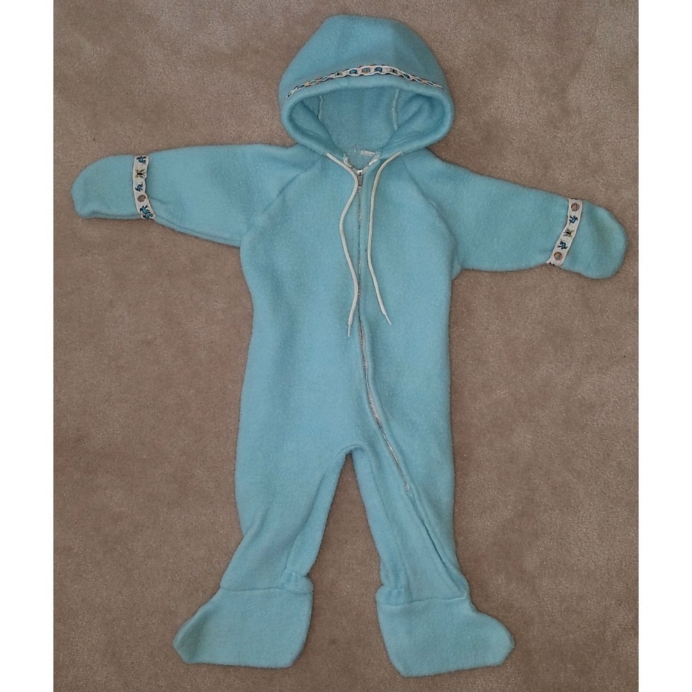 VTG Baby Blue Hooded Sleeper Full Zip Birds Butterflies Infant